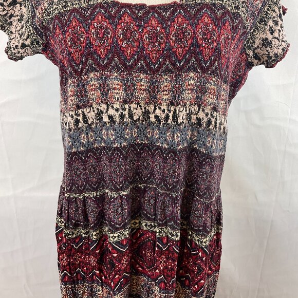 Soft Surroundings Smocked Dress 1X Maroon Cream Blue Mandala Print Short Sleeve - Picture 4 of 16
